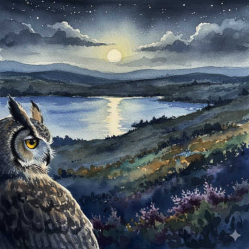 An owl's view of a moonlit lake